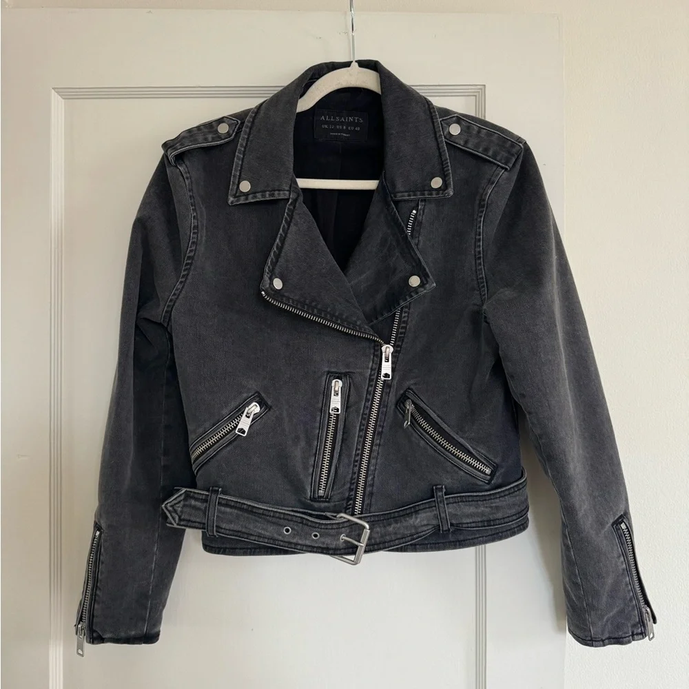 AllSaints Charcoal Gray Denim Biker Jacket - Picture 4 of 6